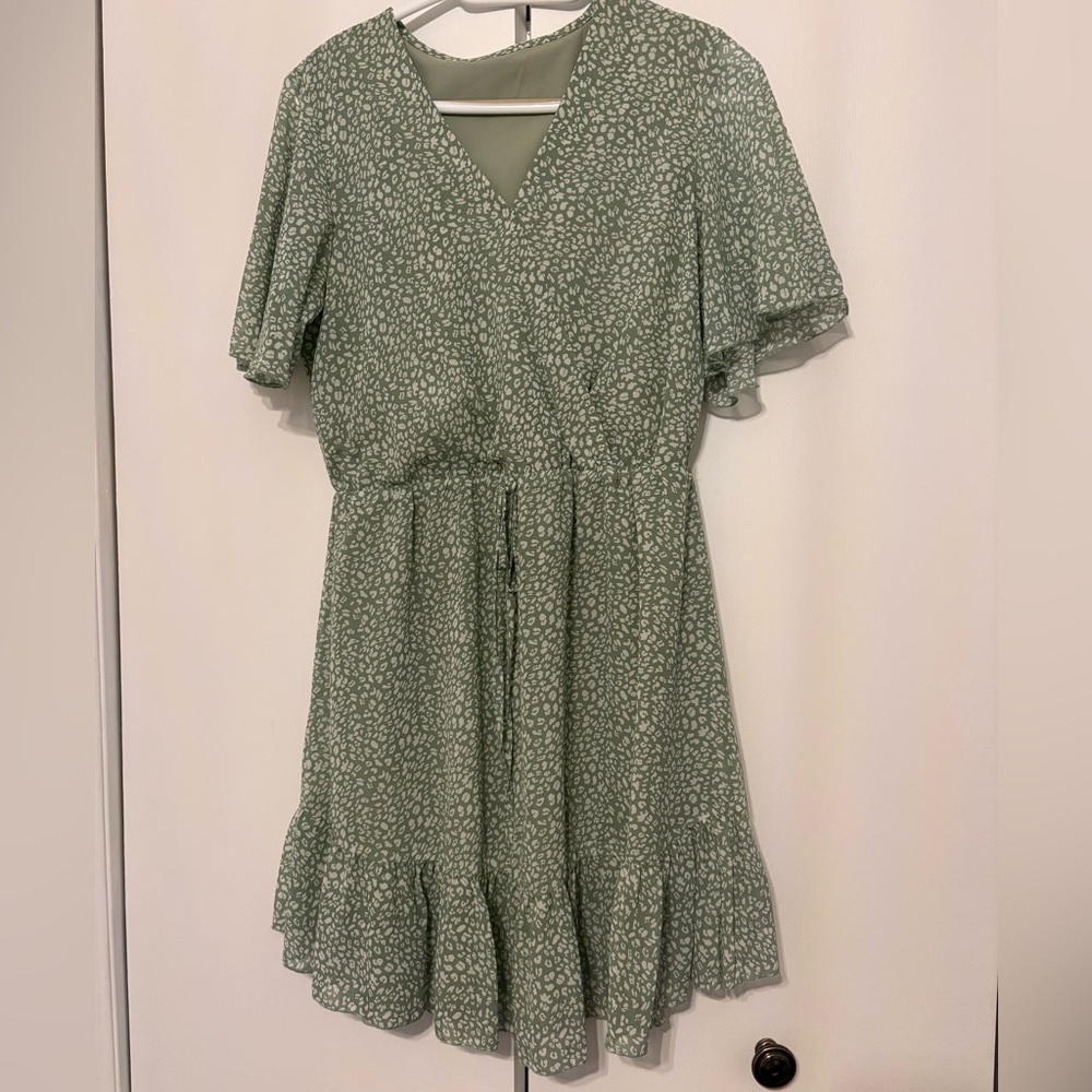Sage Green Printed Midi Dress with Drawstring Waist